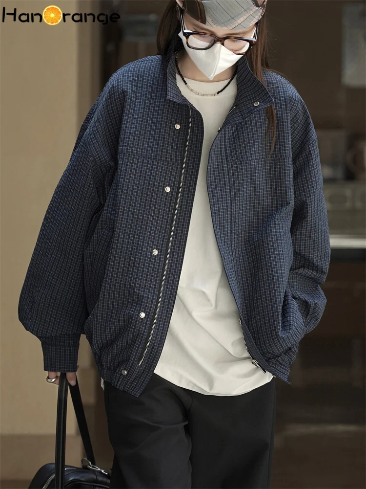 HanOrange 2026 Autumn Retro Cool Savvy Splicing Plaid Stand Up Collar Jacket Women 3D Silhouette Women Outerwear Blue