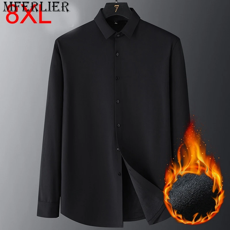 

Shirt men solid color elastic long sleeved plush thickened autumn winter middle-aged plus size shirt loose 130kg 7xl 8xl