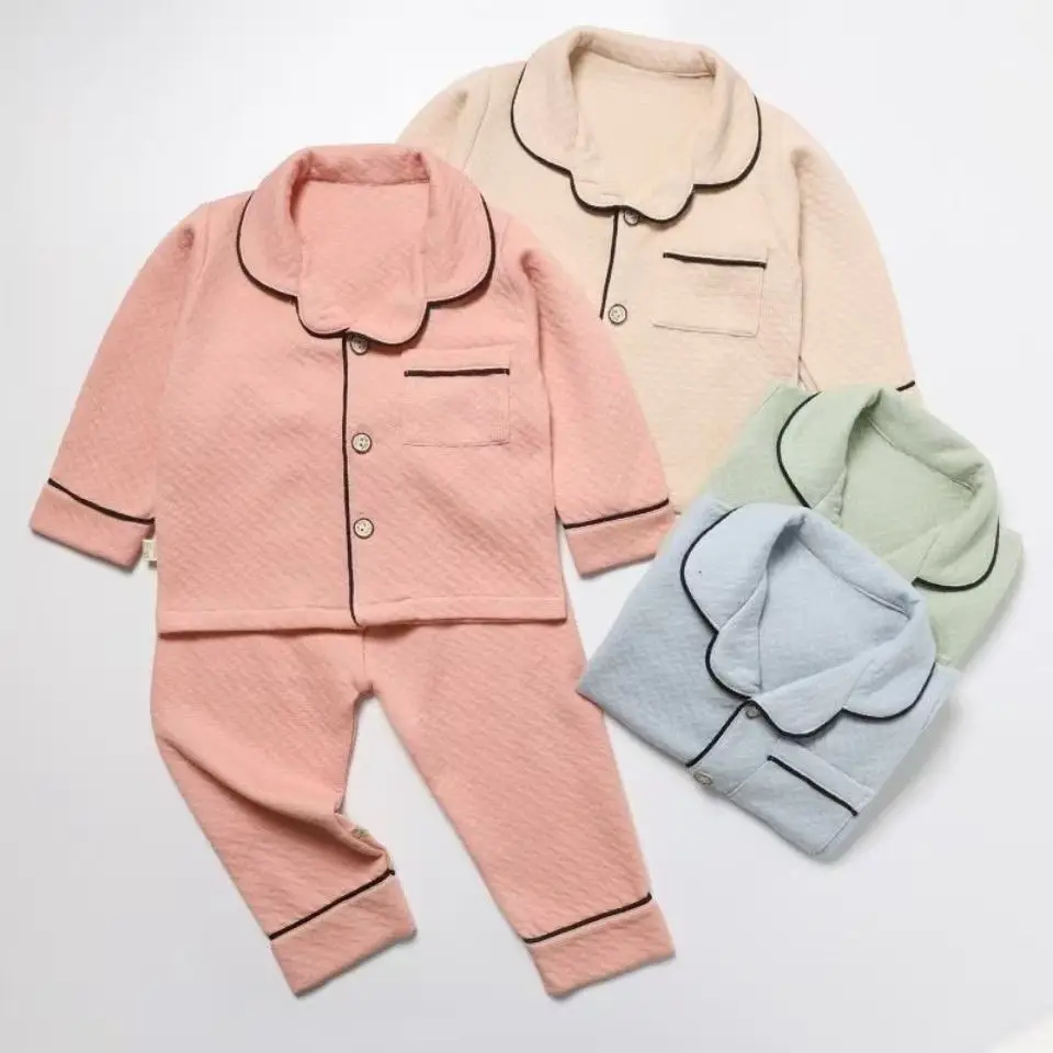 Childrens Pajama Suit Spring and Autumn New Korean Solid Color Three Layer Warm Home Clothes Two Piece Set