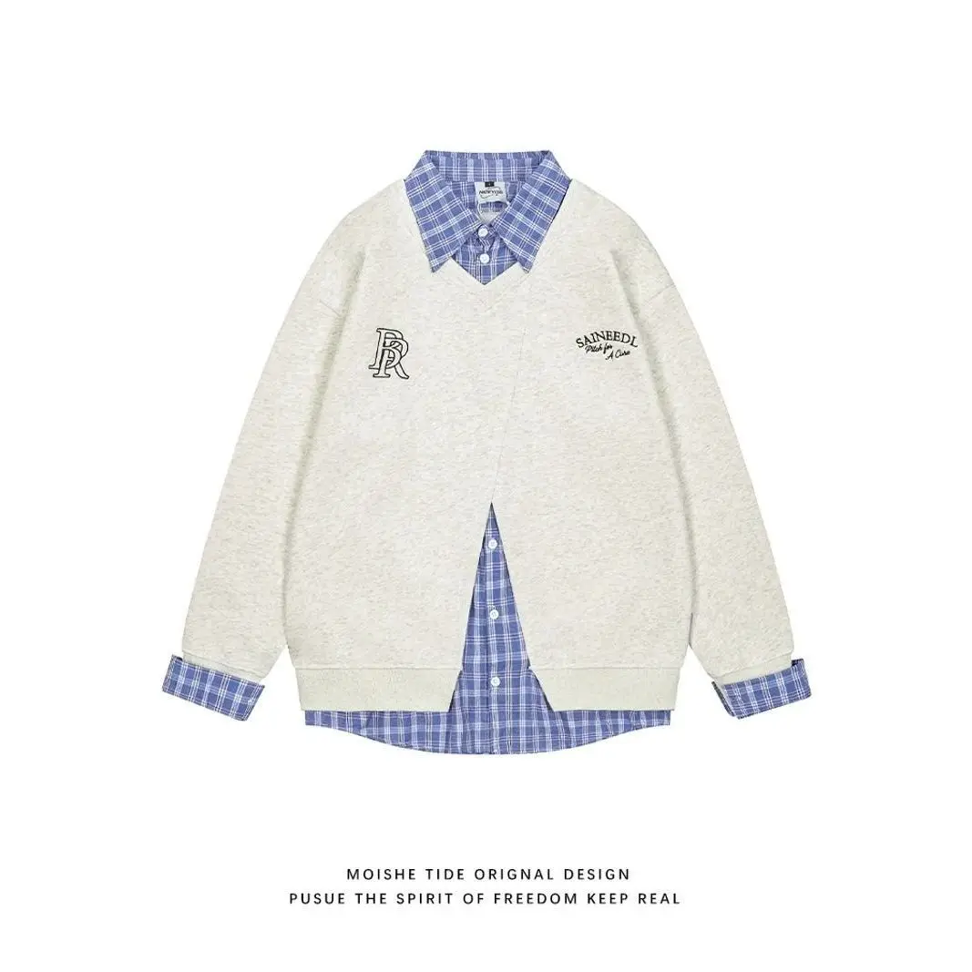 

American Retro Trendy Plaid Shirt Patchwork Fake Two-piece Fleece Collared Sweatshirt for Men Women Loose College Style Jacket