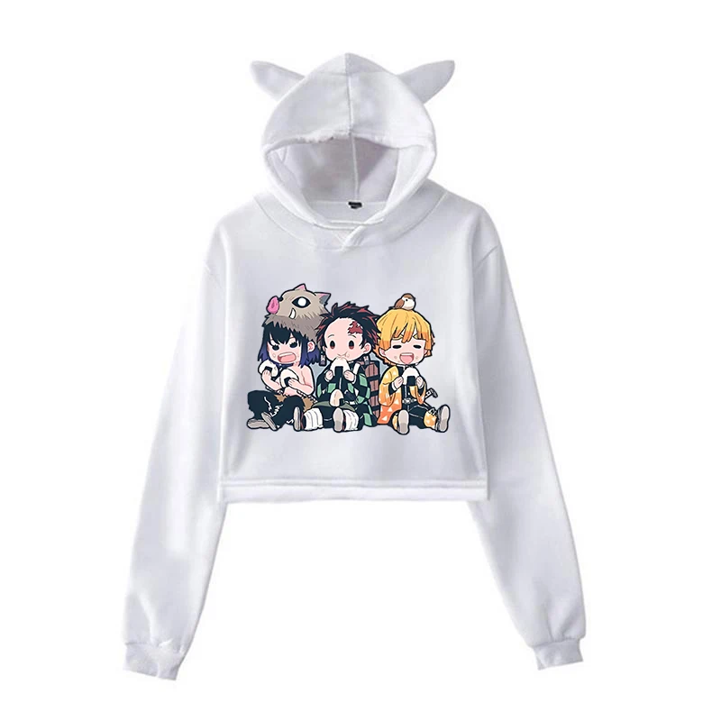 New Anime Hashibira Inosuke Kamado Tanjirou Agatsuma Zenitsu Cartoon Printing Hoodies Women Girl Harajuku Y2k Cat Ears Short Top