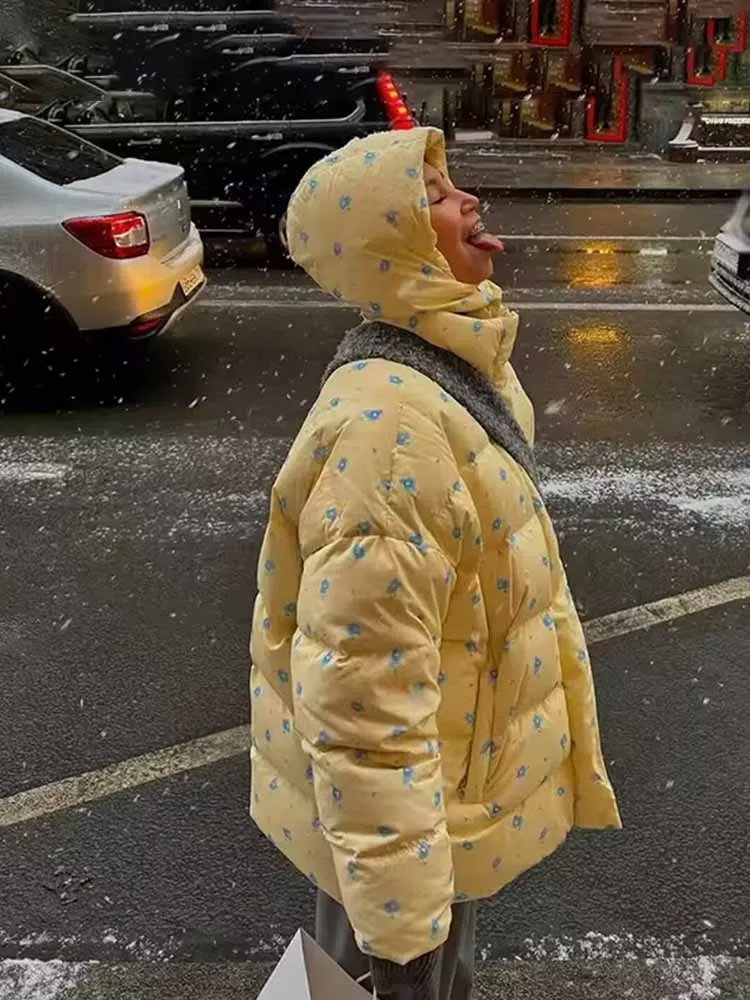 HH Woman Fashion Versatile Sweet Style Small Floral Print Pattern Decoration Long Sleeves Winter Hooded Casual Cotton Jacket