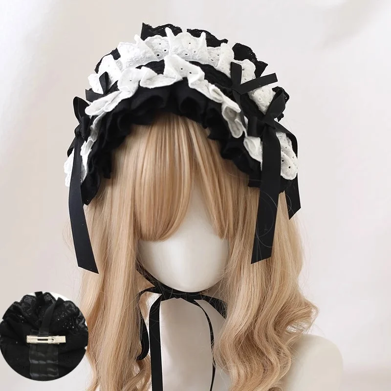 Coiffure de poupée gothique Lolita faite à la main, noir et blanc, sous-culture KC, bandeau foncé, accessoire pour cheveux de fille douce
