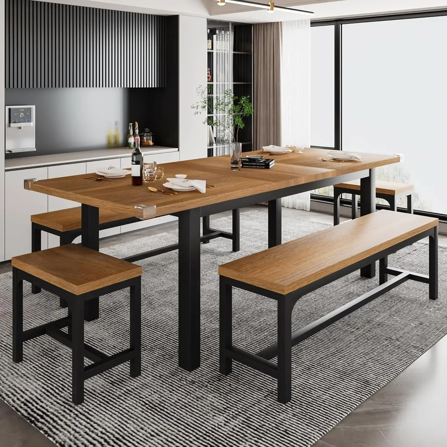 

5-Piece Dining Table Set for 4-8 People, Extendable Kitchen Table Set with 2 Benches and 2 Square Stools