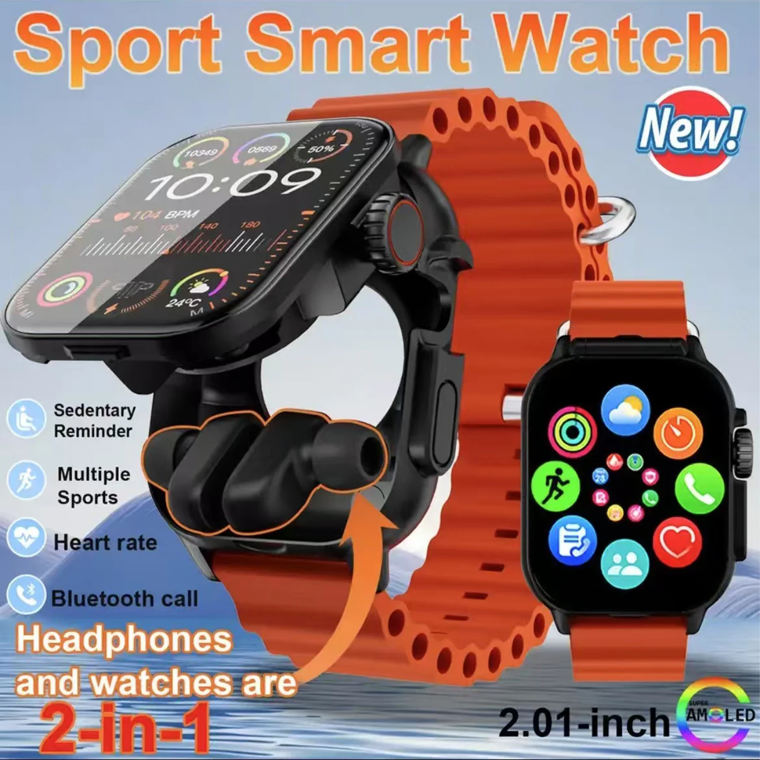 2025New For Bluetooth Headset Smart Watch Two-In-One Full-Screen Touch Bluetooth Call Heart Rate Blood Oxygen Bracelet Headset