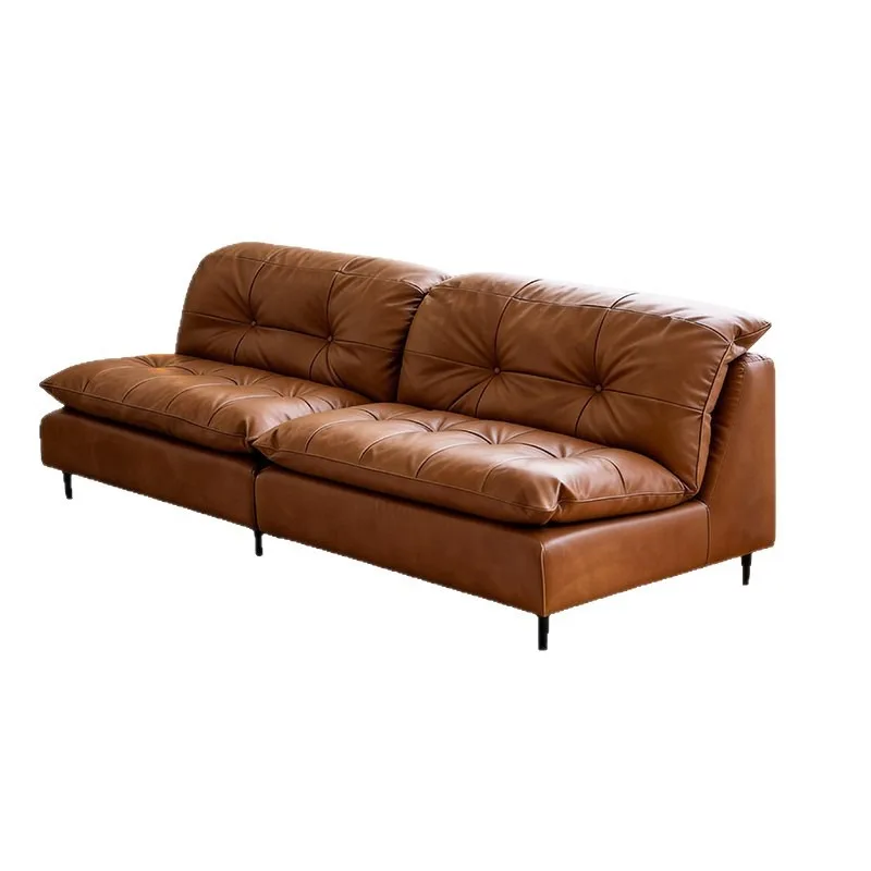 Retro brown stainless steel leather straight row sofa, modern high-end medieval style living room small apartment buckle design