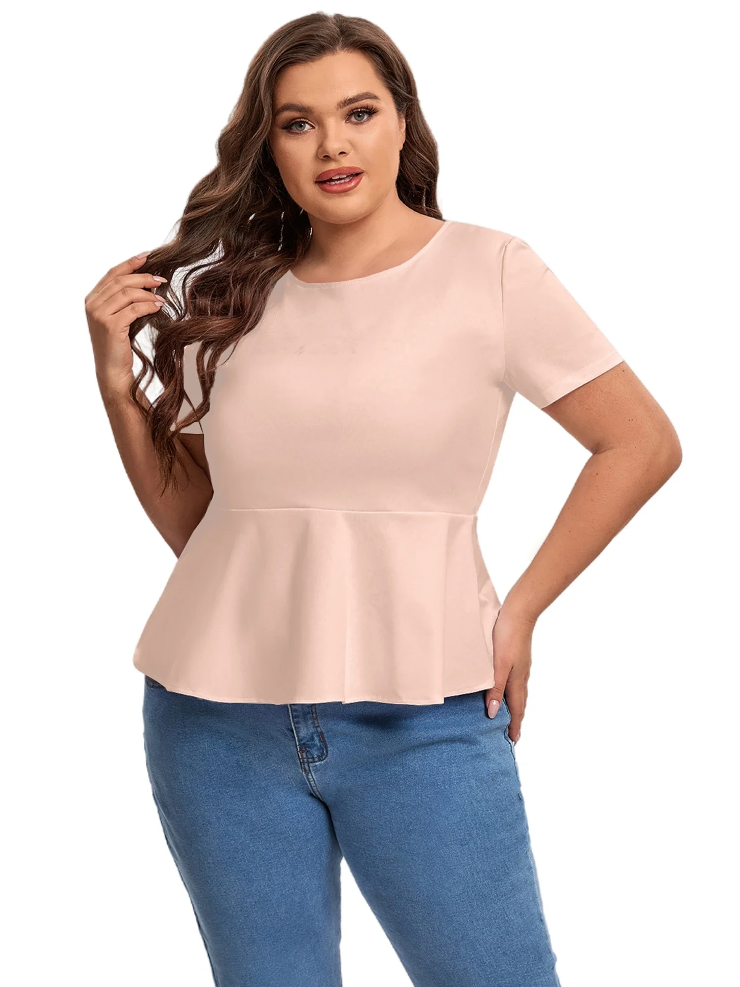 Plus Size Short Sleeve Elegant Summer Peplum Tops Women Keyhole Back Ruffle T-shirt Tee Blouse Plus Size Odzież Damska 5XL 6XL