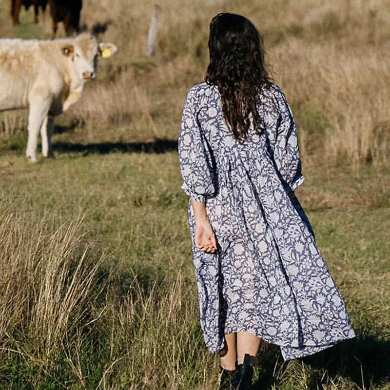 Boho Style Vintage Floral Long Dress Women Fashion Streetwear Puff Sleeve Patchwork Pleated Dresses Casual Vacation Beach Dress