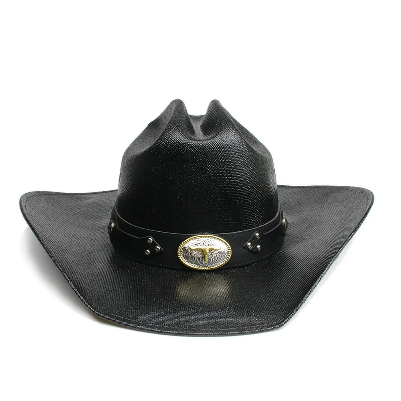 Black Cowboy Hat Vintage Cowhead Belt Yellowstone Straw Weaving Hard Shaped Western Cowboy Hat Waterproof Sunshade Hatcowboy hat