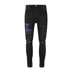 Street fashion men's jeans retro elastic tight corrugated jeans men's cobra patch designer hip-hop brand black gray denim pants