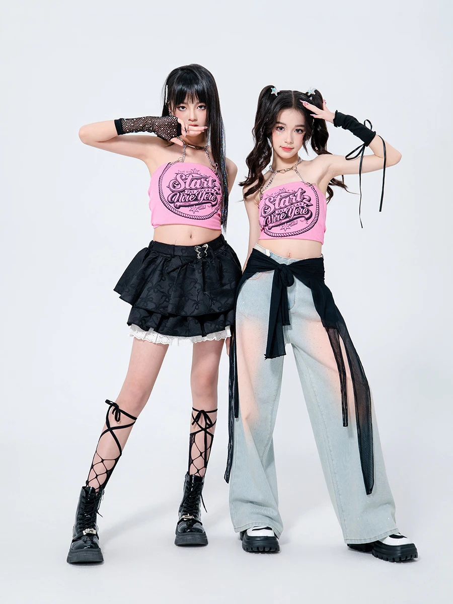 Costumes de danse Hip Hop pour enfants, 2025, pour filles, gilet rose, jean, tenues Kpop, vêtements de spectacle Jazz pour enfants, DQS19775