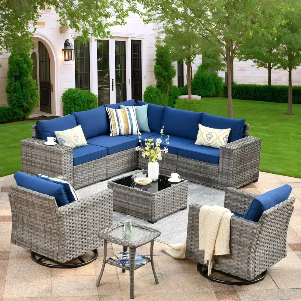 Patio Furniture Set 9 Pieces, Sofa with Swivel Rocking Chairs, Wide Arms and Deep Seat,Wicker Rattan Outdoor Sectional Sofa