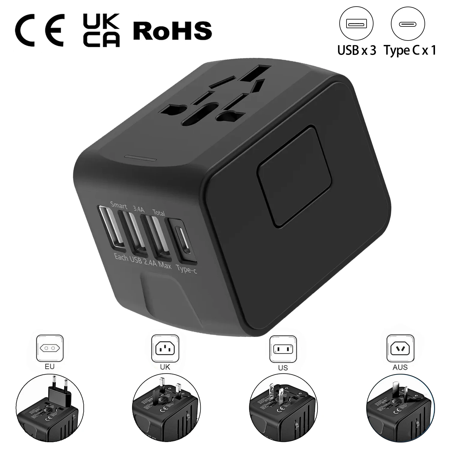 

17 Вт Международный дорожный адаптер с 3USB-портами типа C и вилкой Стандарта EU/AU/US/UK для путешествий