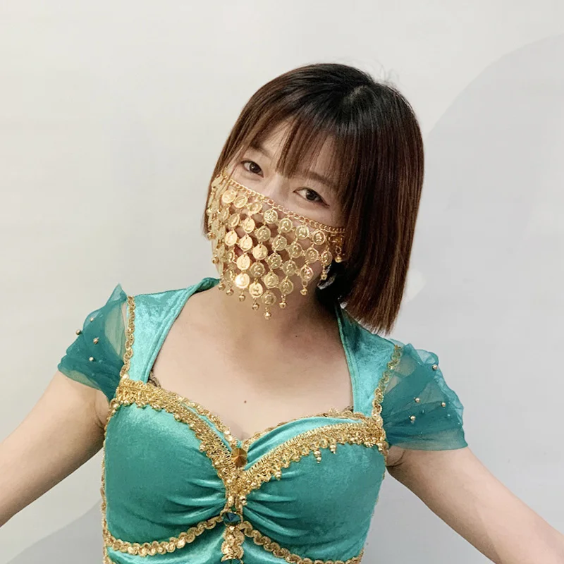 Princess Jasmine Suit Jewelry Veil Mask Earrings Belly Dance Costume Accessories Headdress Gold Coin Mask for Dance Accessories