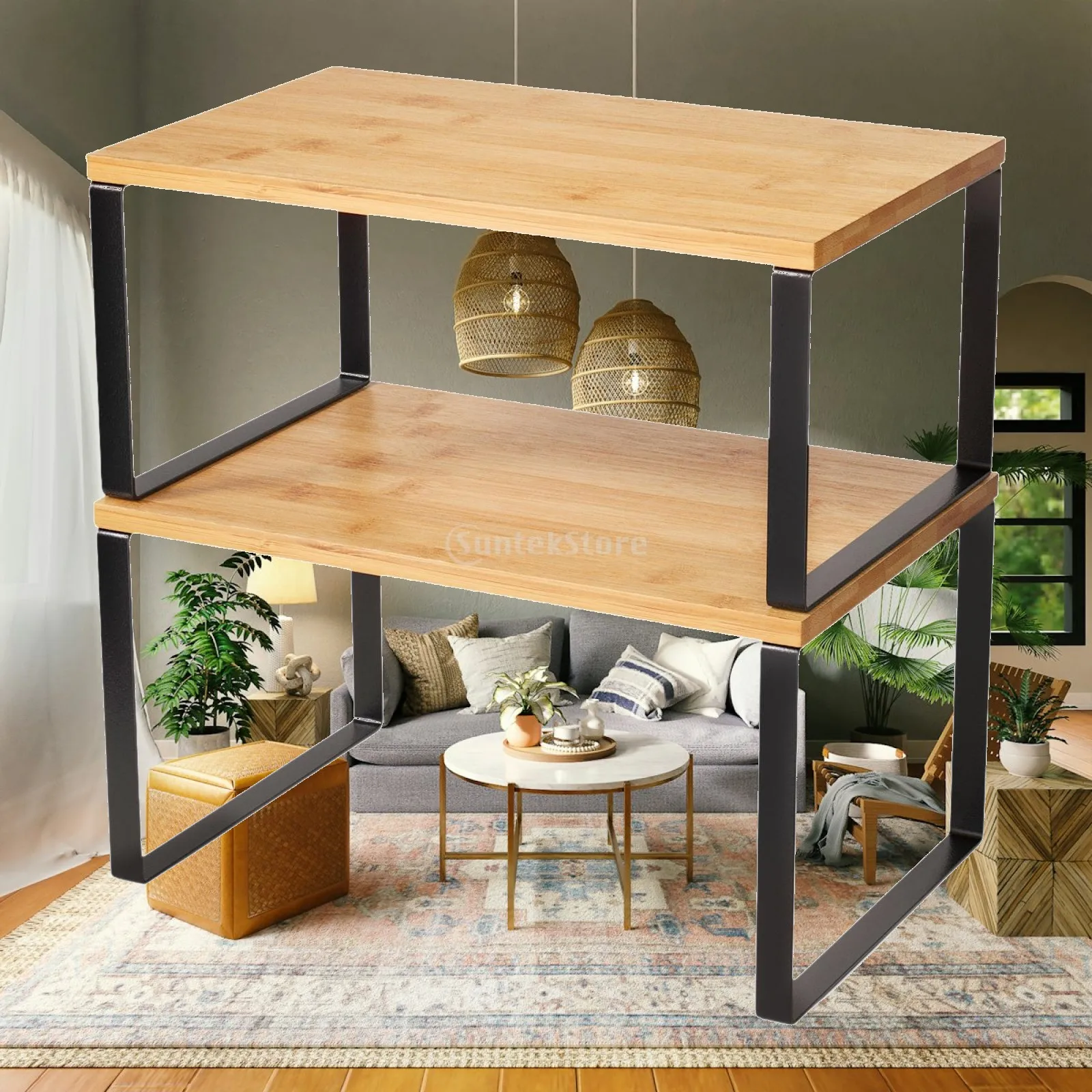 Bamboo Iron Free Standing Cabinet Organizer Shelf for Kitchen Counter Storage Rack with Two Tier Stackable Design