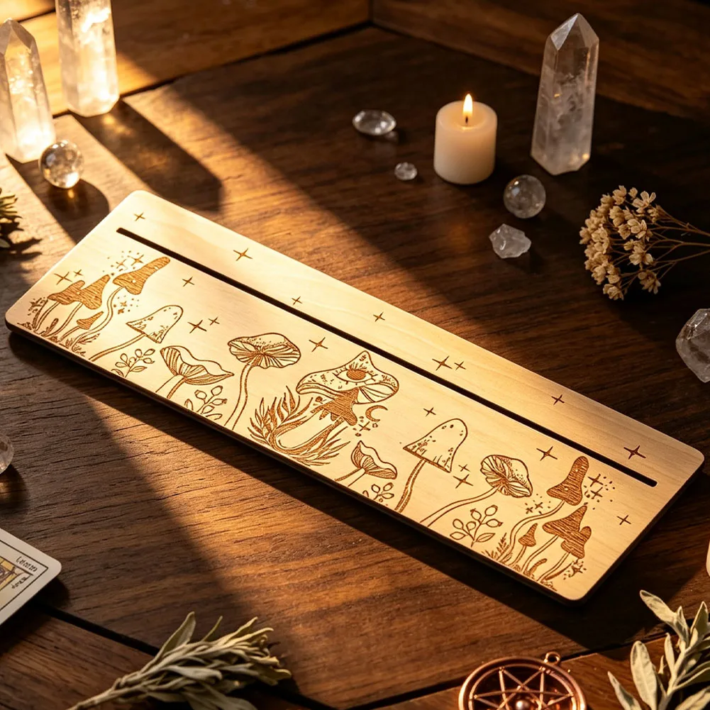 Holz-Tarotkartenhalter-Set mit Pilz- und Stern-Gravur, Langer & Halbmond-förmiger Behälter für Heimdekoration, Tischdekoration, Handwerksgeschenk – Detail 5