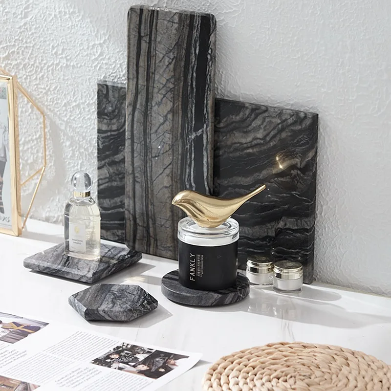 

Black Jane European Style Natural Marble Dim Sum Pangu Wood Grain Flat Plate Sushi Plate Black Stone Dessert Plate