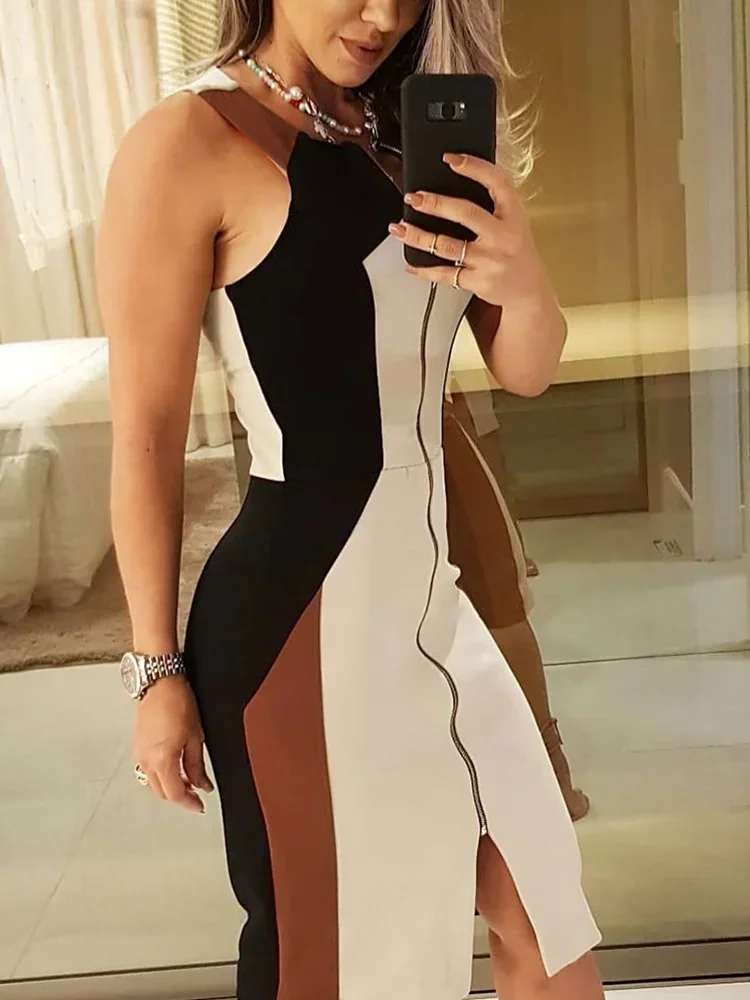 Colorblock Mouwloze Rits Design Vrouwen Casual Zomerjurk