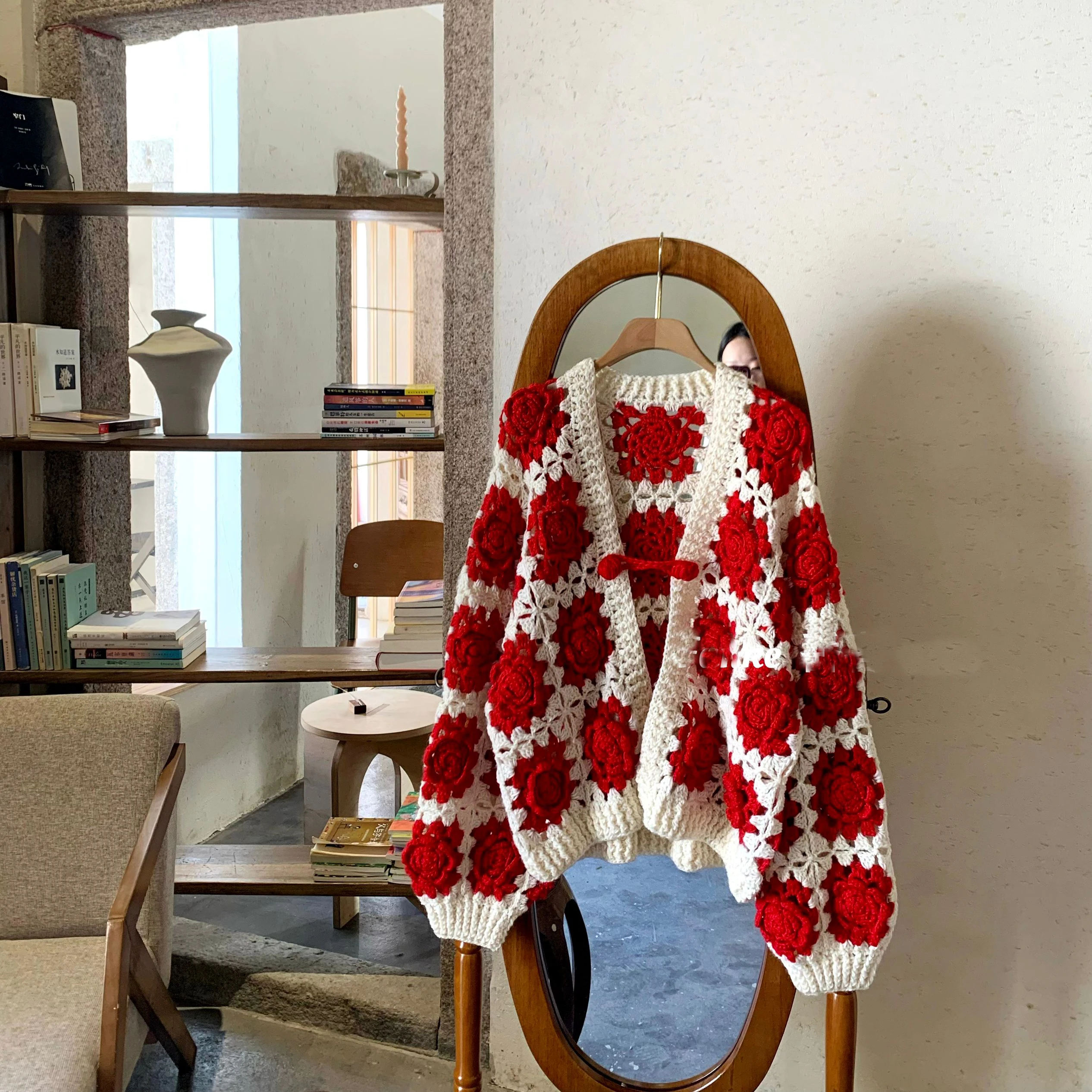

Handmade Crochet Rose Cardigan Vintage-Inspired Openwork Knit Handcrafted Foral Sweater Cottagecore Feminine Layer