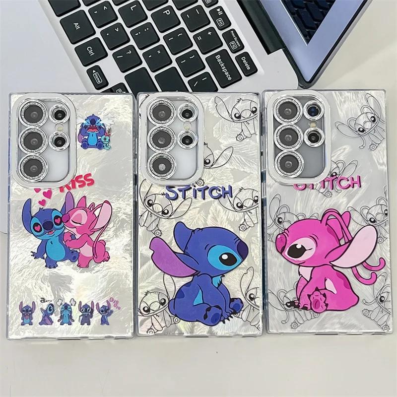 귀여운 만화 스티치 앵글 커플 폰 케이스 삼성 갤럭시 S23 S24 S25 울트라 플러스 A56 A55 글리터 렌즈 필름 충격 방지 커버