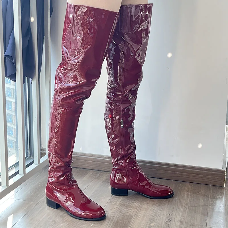 Ahhlsion New Women Winter Thigh Boots Patent Leather Zipper Flat With Heels Round Toe Blue Casual Shoes Ladies US Size 5-20