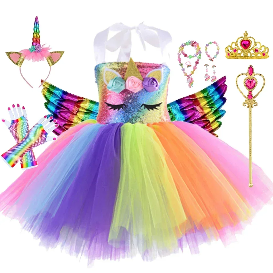 Princess Girls Unicorn Tutu Dress Outfits Pastel Flower Baby Girl Birthday Party Dresses Tulle Kids Halloween Cosplay Costumes