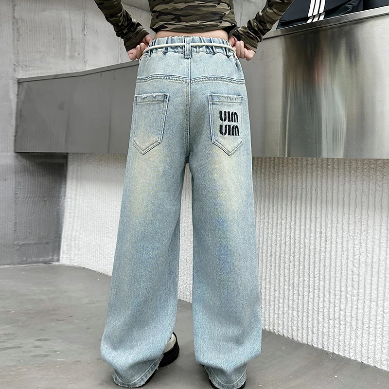 LOlanta Wide-Leg Pants for Kids Girls Casual Denim Pants Baggy Jeans Trousers School Children Bottoms 5-14 Years