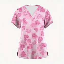 Clinical Uniforms Woman Healing Heart Print Micro Elastic Health Care Scrub Tops V-Neck Short Sleeve Vet Surgical Uniforms Woman