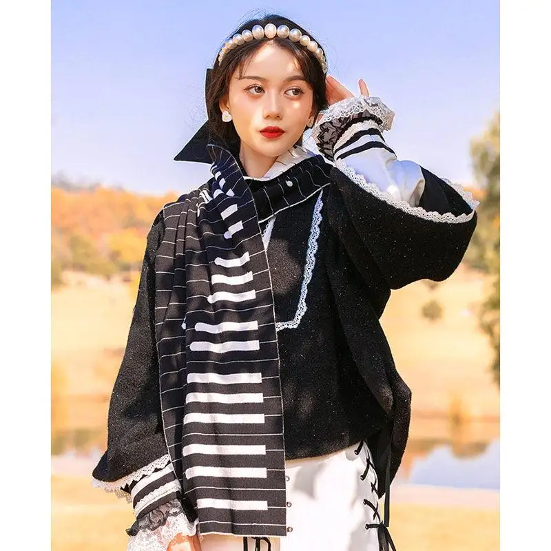 1Pc Women Autumn Winter Creative Piano Key Pattern Double Sided Scarf Fashion All-Match Exquisite Jacquard Knitted Warm Shawl