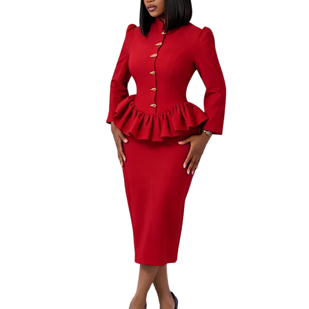 JENYAGE Damen Einfarbiges 2-teiliges Outfit mit Stehkragen, 3/4-Ärmeln, Puffärmeln und Peplum-Oberteil & Midi-Rock, formeller Büroanzug – Detail 11