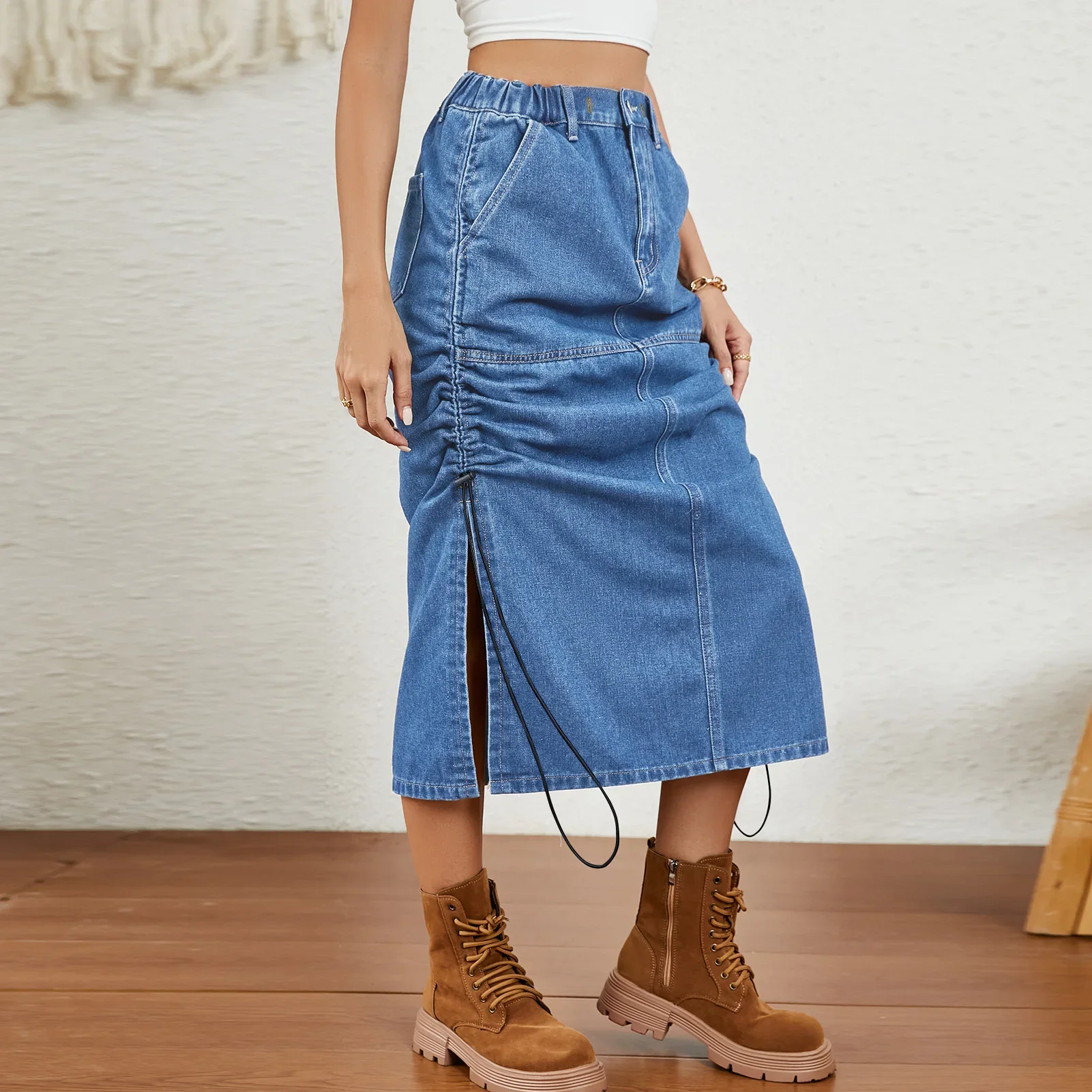 

2025Elastic High-Waist Drawstring Denim Slit Half Body Skirt, A New Summer Fashion Design of A Washed Mid-length Skirt for Women