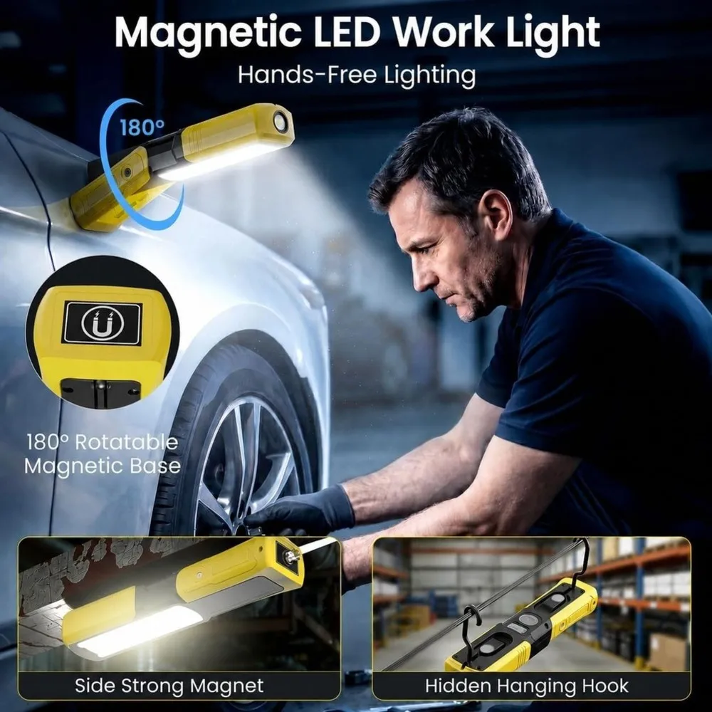 SEWS-For Mechanics' 180° Rotating Base, LED Underhood Work Light, Magnetic Rechargeable Flashlight Side Magnet& Hook