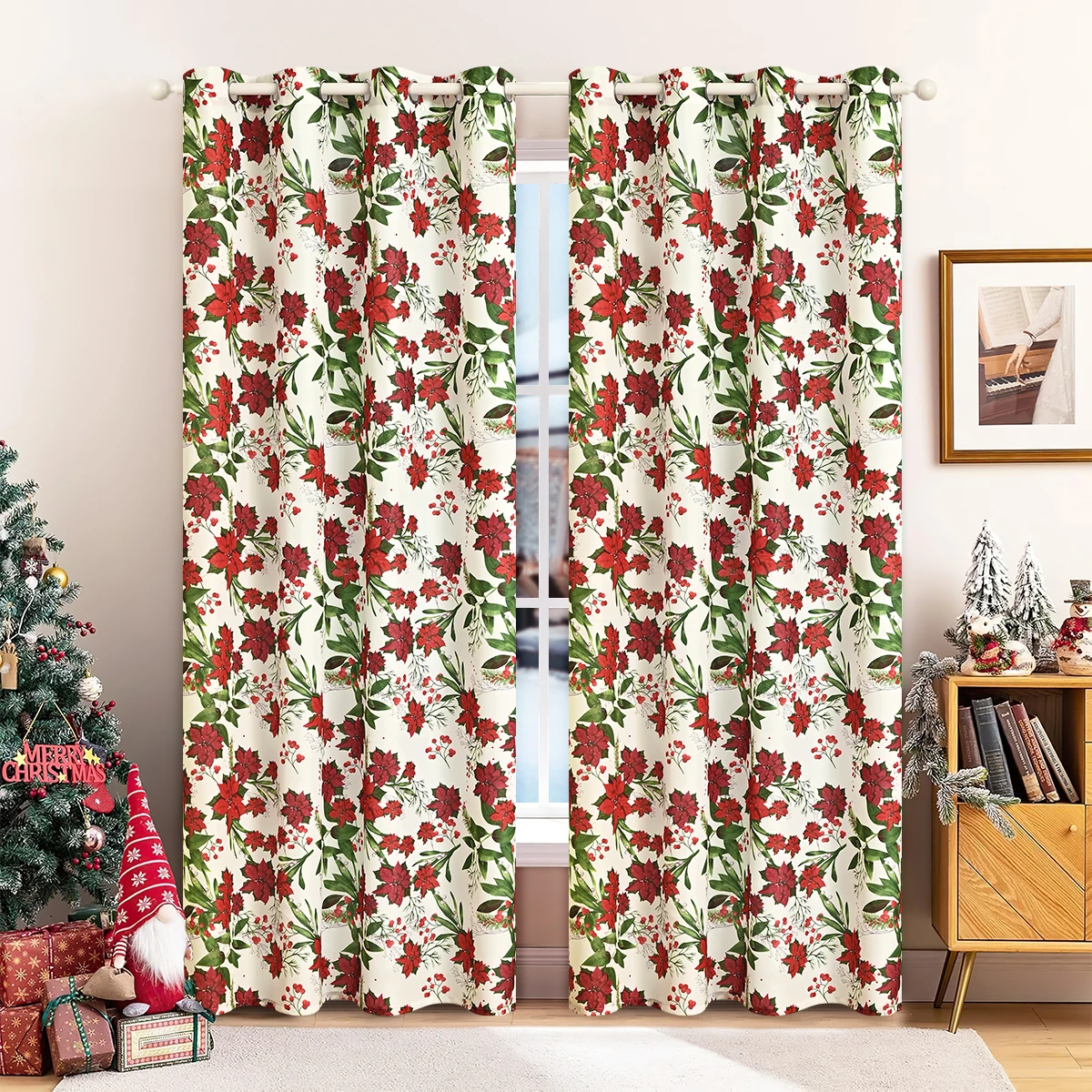 2PCS Christmas Poinsettia Printed Grommet Curtains, Suitable for Christmas Festival Curtain Decoration and Embellishment