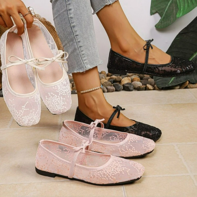 Spring/ Summer Elegant Square Toe Sexy Mesh Ballet Flat Shoes Fashionable Best Selling New Comfortable Large Size Women's Shoes