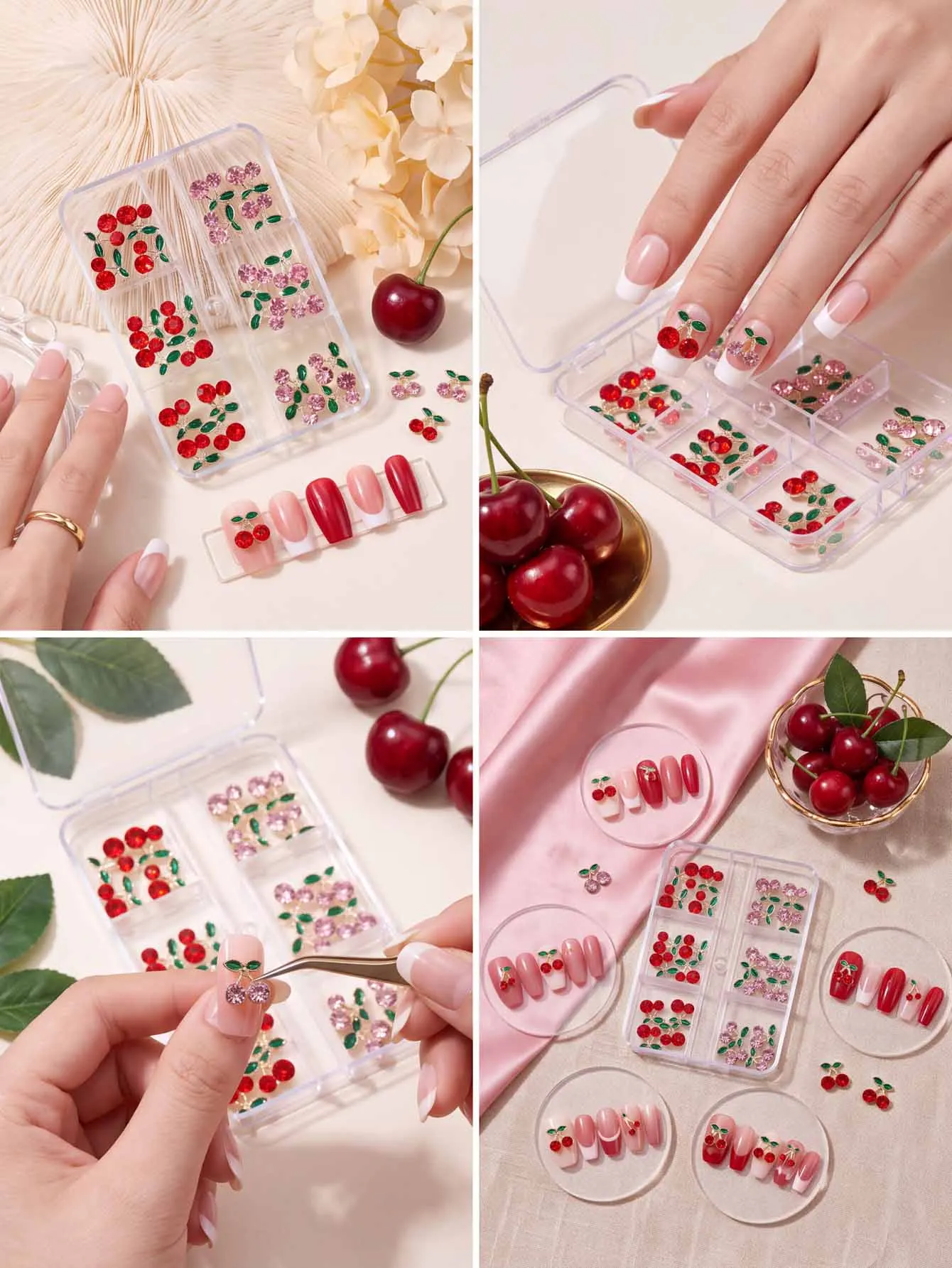 24 Stück Kirsch-Nagelcharms in verschiedenen Farben, rot-rosa Strass-Kirsch-Nageldekoration mit grünem Blatt, 3D-Fruchtcharms für Sommer-Maniküre