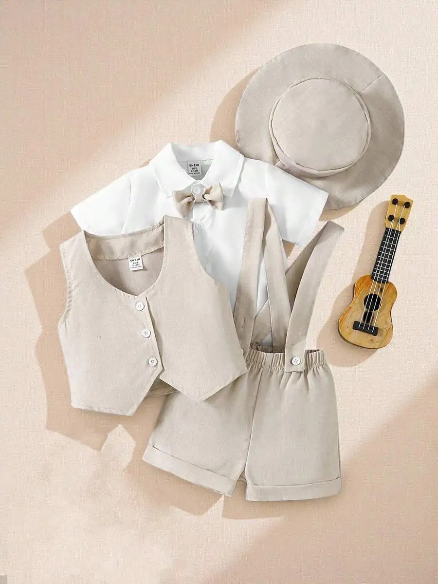 

Baby Boy Formal Outfit: White Shirt with Bowtie, Linen Vest & Suspender Shorts Set