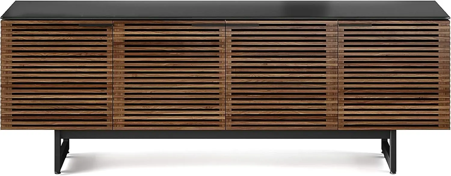 

Quad Width Tall Media Cabinet Natural Walnut TV Stands Engineered to keep cables power cords controlled and out of sight