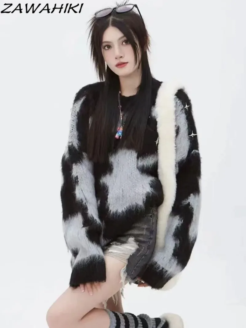 Oversized Sweater Tie Dye Knitted Spring Fall Casual All Match Japanese Sweet Sweater Women Temperament O-neck Sueter Mujer