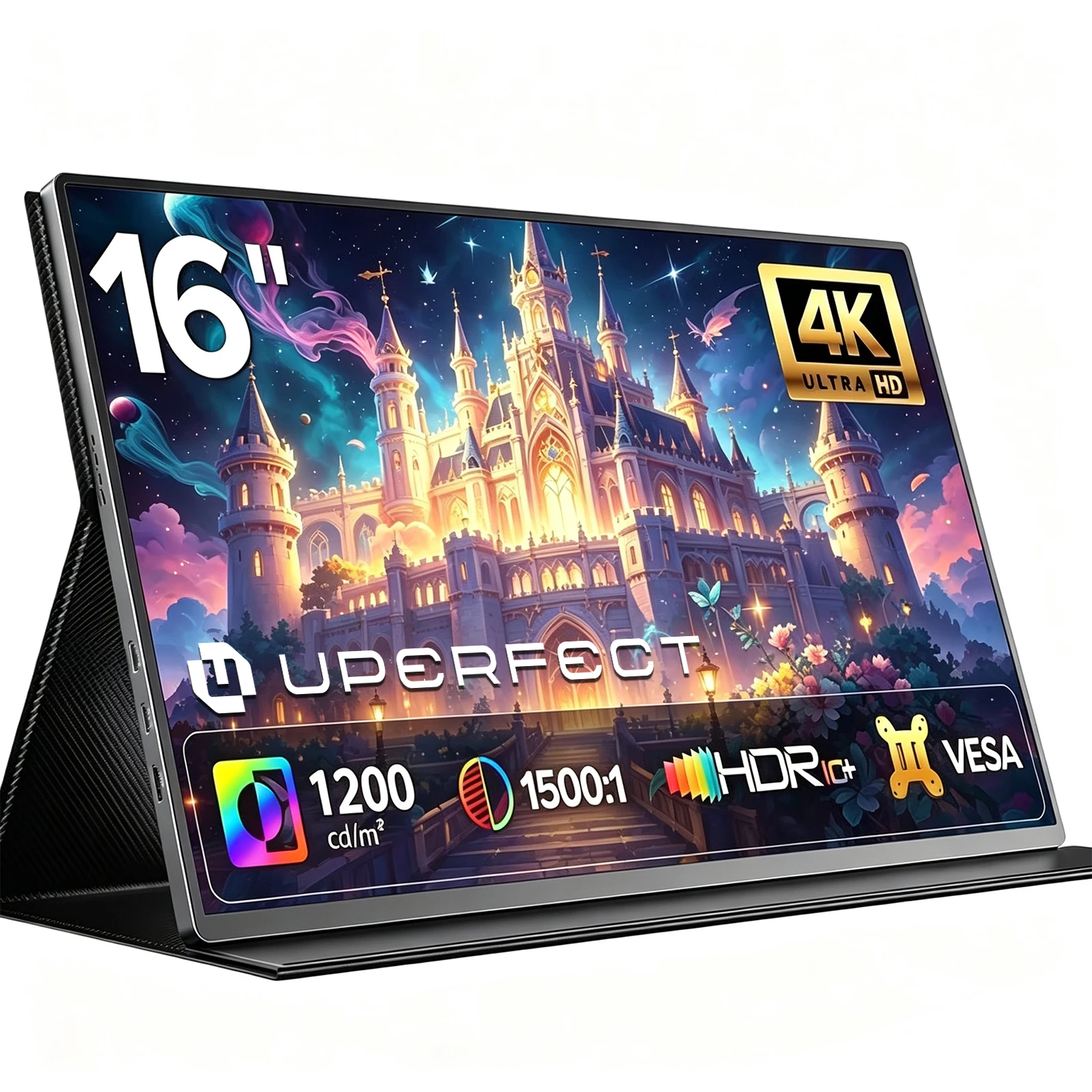 UPERFECT Tragbarer Monitor 4K 16 Zoll 1200 Nits Laptop-Monitor 3840 * 2400 UHD 105% sRGB 1500:1 Kontrast USB-C & MINI HDMI VESA & Smart Case Reisebildschirm für Computer PC Spielkonsolen