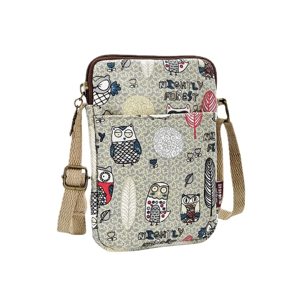 Canvas Women Cartoon Floral Pattern Shoulder Crossbody Bag Ladies Little Handbag Small Phone Purse Female Money Pouch for Girls