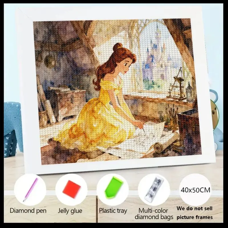 

1 шт., комплект алмазной живописи Disney Princess Belle 5D Full Drill, Belle Studying с зачарованным замком, вид DIY Crystal Gem Art Craf