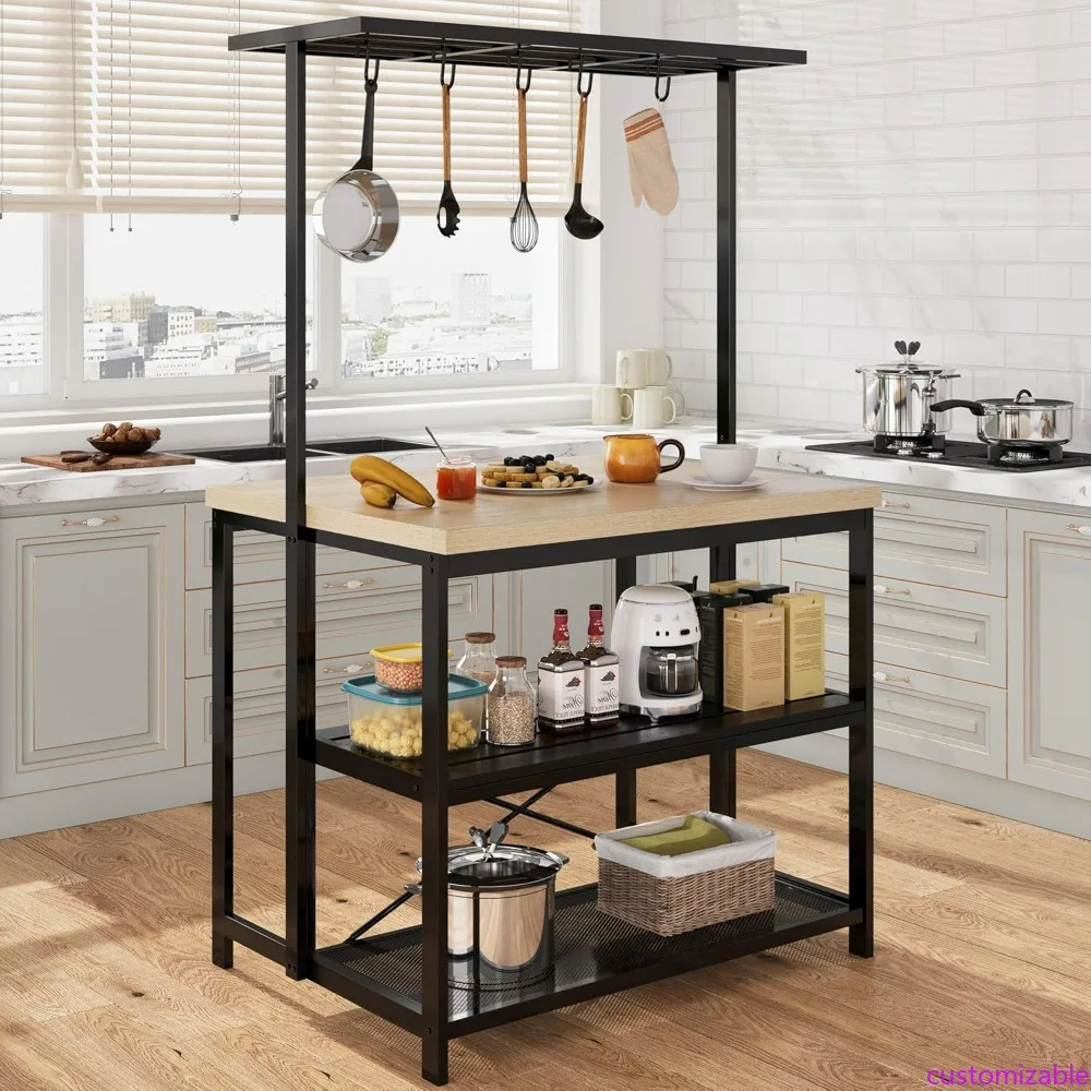 

Large 43-inch Kitchen Island with Baker's Rack, 3-Tier Storage, and Metal Coffee Bar for Microwave Oven and Kitchen Storage