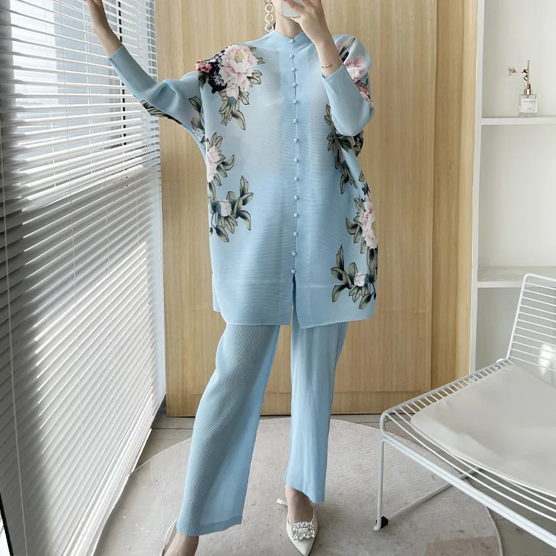 Pleated Set Grain Buckle Set 2024 Spring Festival New Fashionable Large Breasted Top+Wide Leg Pants Two Piece Set for Women