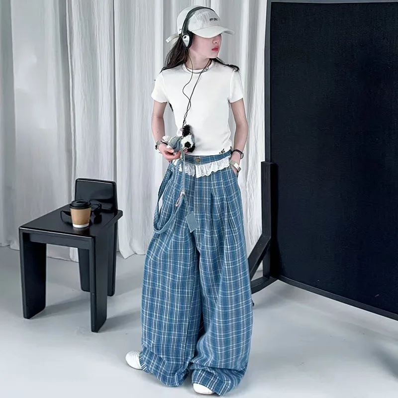 

Summer Kids Clothes Set Fashion White T-shirt + Checkered Lace Wide Leg Pants 2pcs Girls Clothing Suits Teen Children Outfits