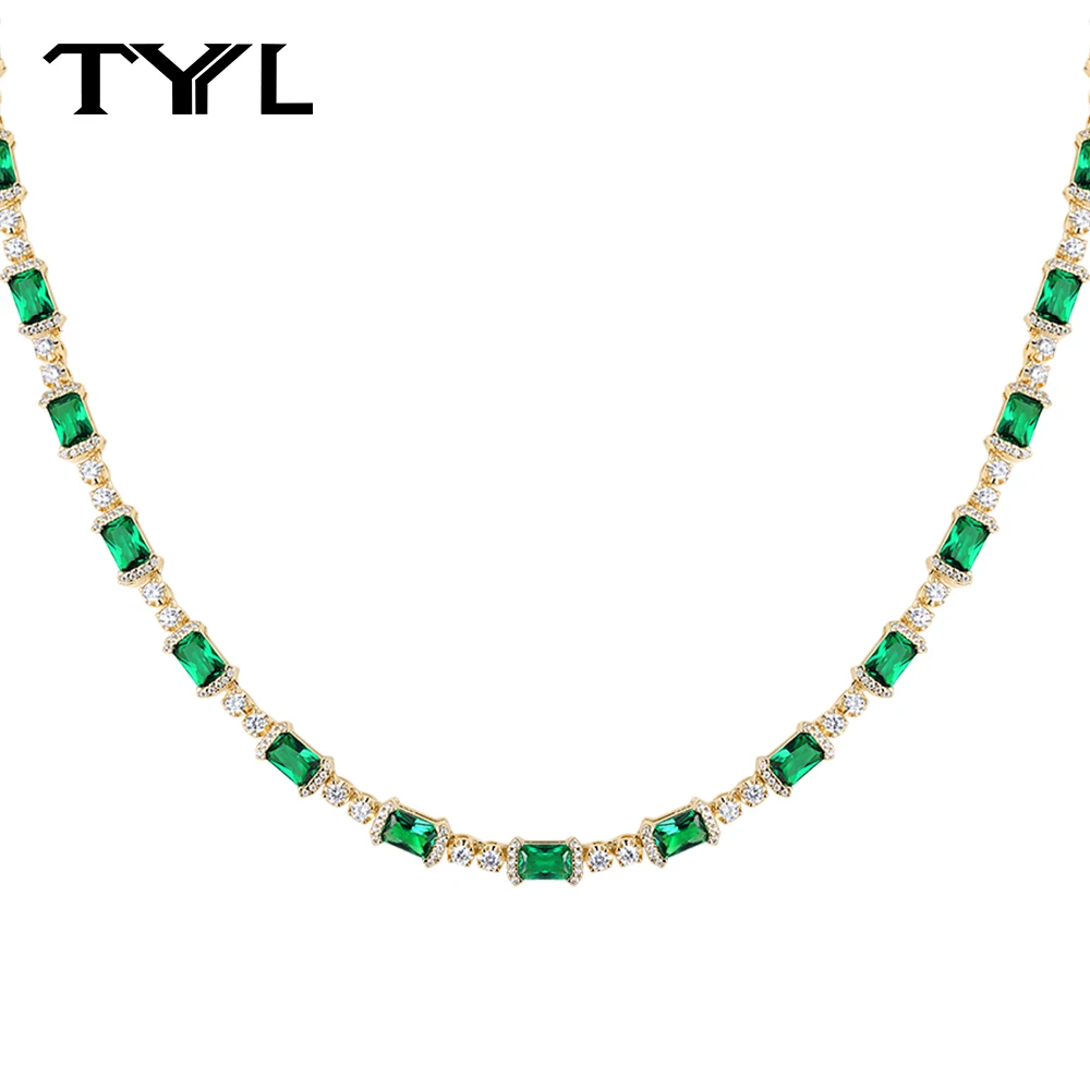 Collar de tenis con esmeraldas simuladas TYYL de 4*6 mm para mujer, chapado en oro de 14 quilates, joyería de lujo para bodas y fiestas, gargantilla brillante con circonitas cúbicas.