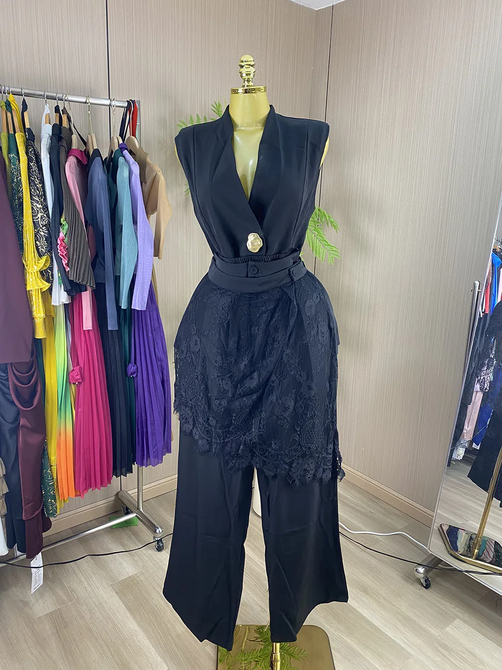 Women's 2-Piece Office Set: Sleeveless Suit Vest and Wide-Leg Trousers with Drawstring Waist and Lace Appliqué-GZXX1138