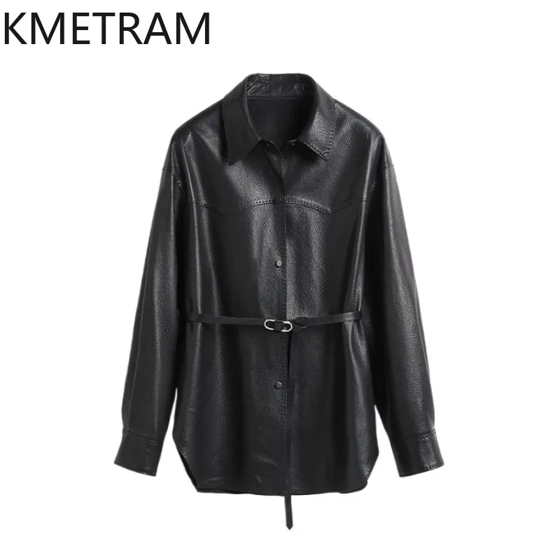 KMETRAM Top Layer Goatskin Genuine Leather Jacket Woman Belted Jackets of Woman Mid Length Shirt-style Leather Coat Loose 가죽자켓