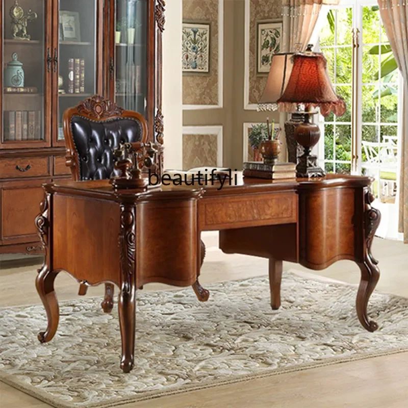 

American-Style Solid Wood Boss Desk Antique Computer Desk European-Style Office Home Study Desk 1.58 M