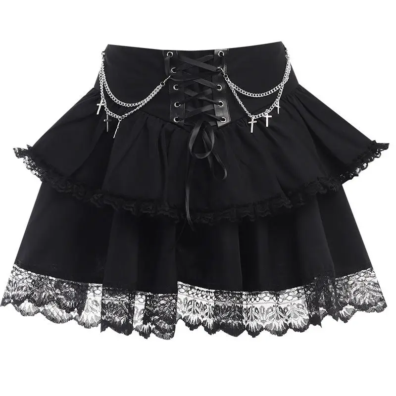 

Y2K Kawaii Harajuku Эстетическая юбка Сексуальные черные юбки с высокой талией Готическая кружевная плиссированная мини-юбка Летние женские юбки Уличная одежда