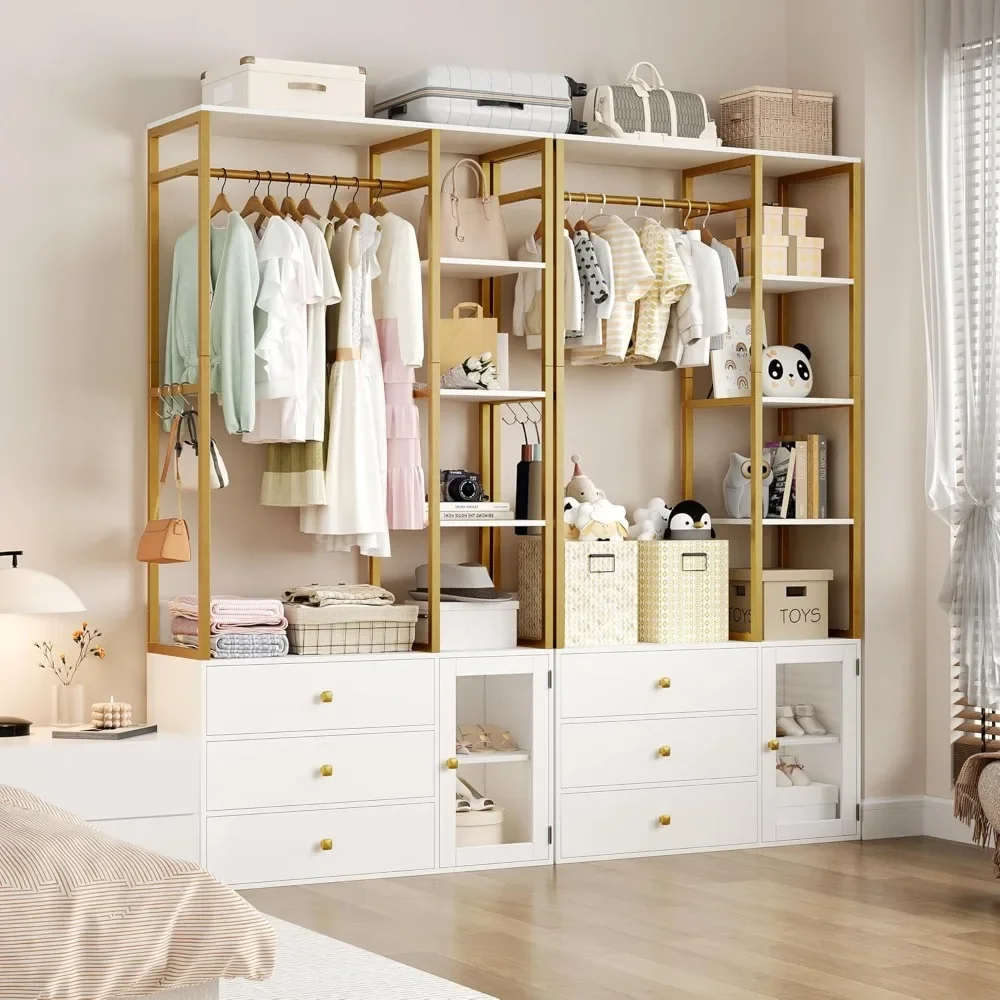 

2PCS Wardrobes with Hanging Rod and Storage Shelves, 4 Shelves, 3 Drawers, 81.2”H Freestanding Wardrobes